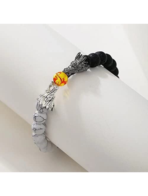 N-A Bead Bracelets for Men and Women Natural Black Lava & White Howlite Buddha Dragon Beaded Stone Bracelet Good Luck Charm Jewelry Gift Adjustable