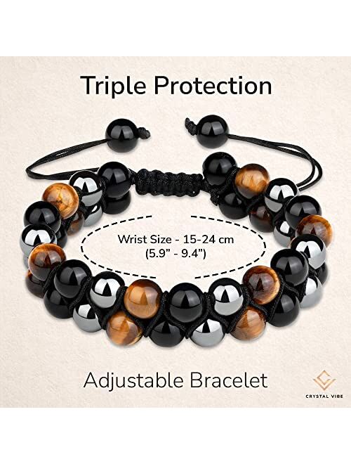 Crystal Vibe Triple Protection Bracelet - 8mm Bead Bracelet Men Women With Natural Stones of Tiger Eye Hematite and Black Obsidian - Healing Crystal Bracelet for Good Luc