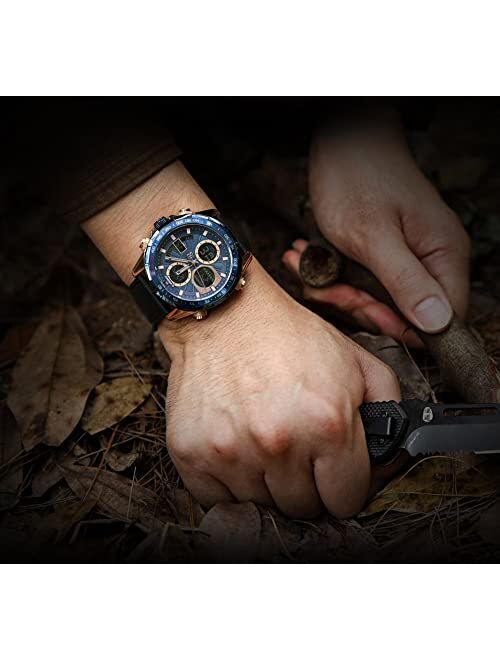 NAVIFORCE Men's Military Digital Watches Analog Quartz Waterproof Watch Sport Multifunctional Leather Wristwatch