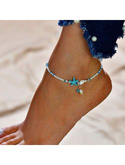 Artist Unknown Jeweky Boho Starfish Anklets Blue Ankle Bracelets Pearl Chain Beach Foot Jewelry for Women and Girls
