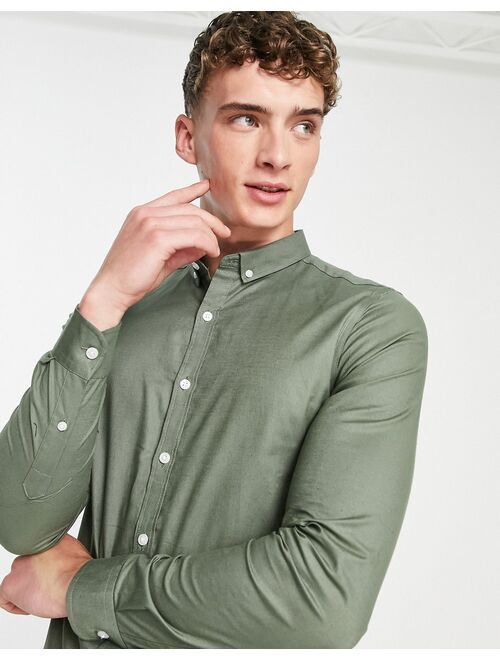 New Look smart long sleeve muscle fit oxford shirt in khaki