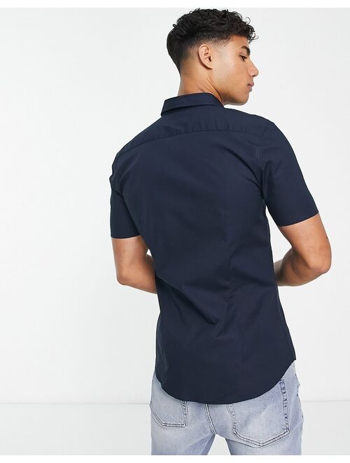 New Look short sleeve muscle fit poplin shirt in navy