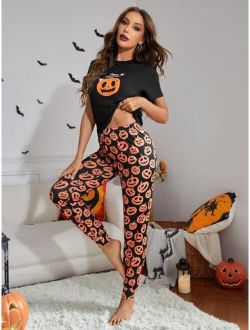 Halloween Pumpkin & Slogan Graphic PJ Set