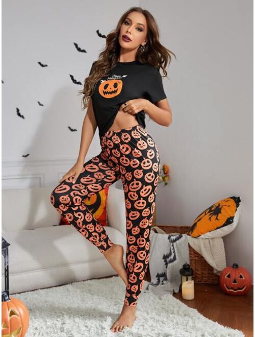 Shein Halloween Pumpkin & Slogan Graphic PJ Set