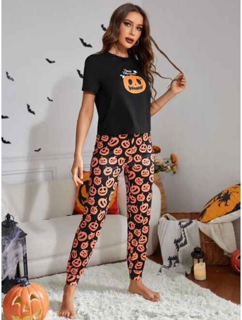 Shein Halloween Pumpkin & Slogan Graphic PJ Set