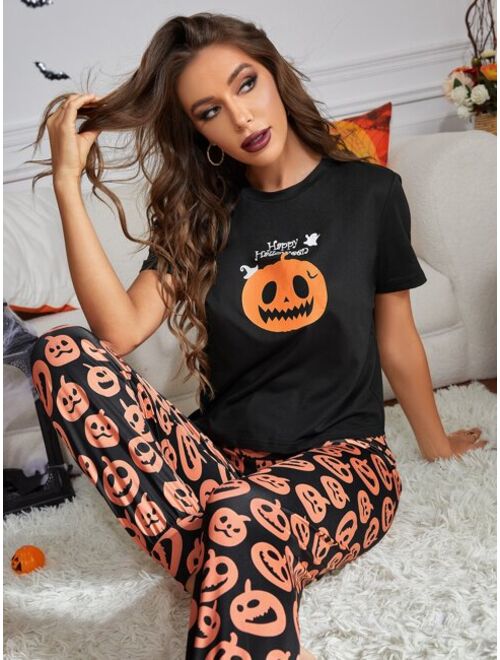 Shein Halloween Pumpkin & Slogan Graphic PJ Set