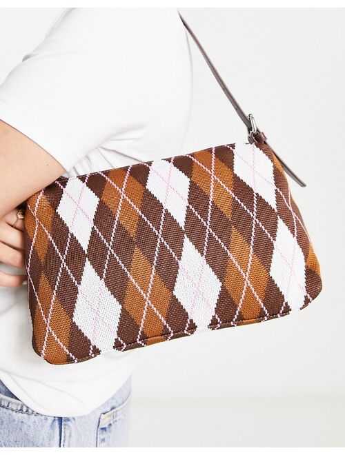 Monki argyle print shoulder bag in brown
