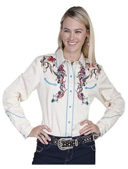 Women's Colorful Horse Embroidered Long Sleeve Shirt - Pl-856C CRM