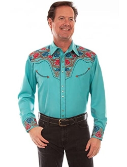 Men's Vibrant Floral Embroidered Retro Western Shirt Big and Tall - P-634C Blue_X