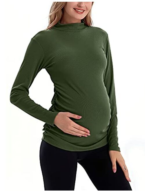 Bhome Maternity Shirt Long Sleeve Pregnancy Top Ribbed Mock Neck Pregnant Pullover
