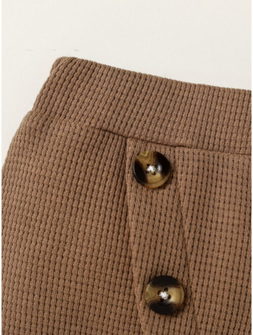 Shein Newborn Baby Waffle Knit Button Front Roll Up Hem Shorts