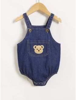 Baby Bear Embroidery Denim Overall Bodysuit