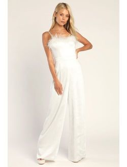 Feather Together Ivory Satin Feather Wide-Leg Jumpsuit