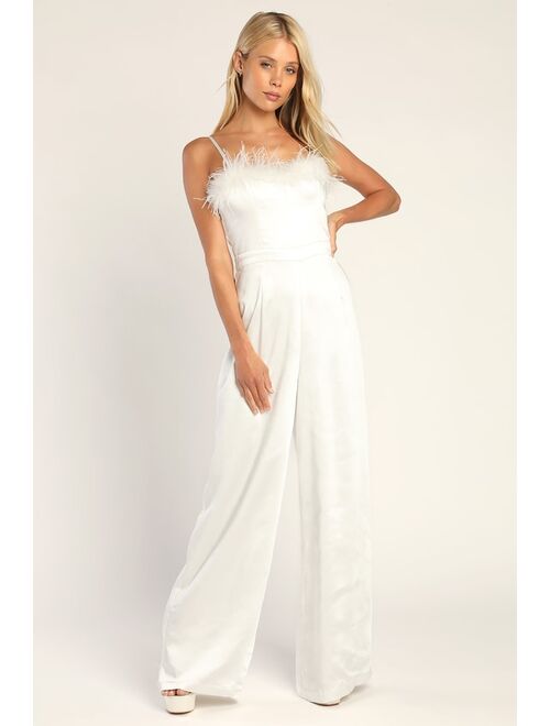 Lulus Feather Together Ivory Satin Feather Wide-Leg Jumpsuit