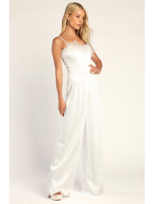 Lulus Feather Together Ivory Satin Feather Wide-Leg Jumpsuit