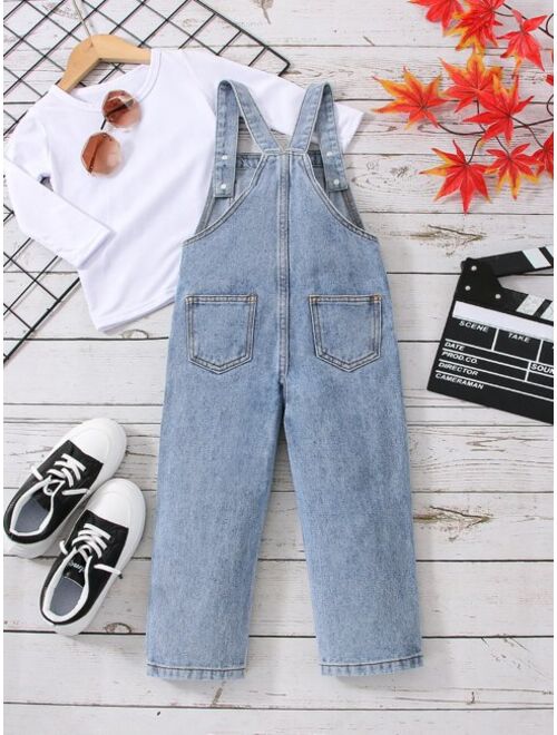 Shein Toddler Boys 1pc Slogan Patched Ripped Denim Overalls
