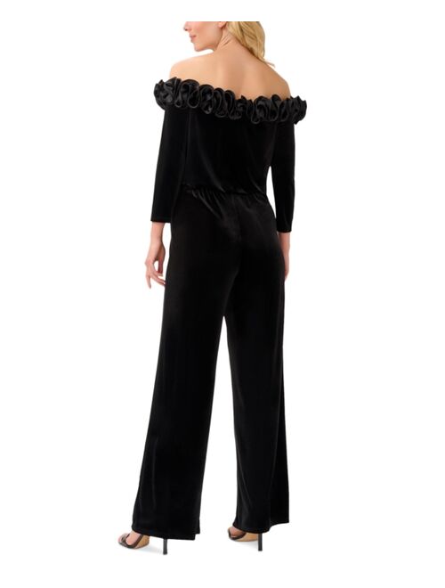 ADRIANNA PAPELL Plus Size Velvet Ruffled Off-The-Shoulder Jumpsuit