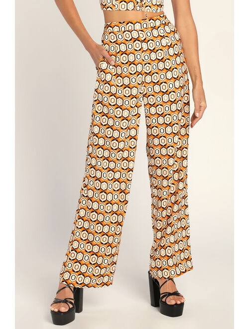 Lulus Marvelously Mod Orange Geo Print Wide Leg Pants