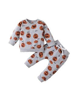 Helbaar Halloween Outfit Toddler Baby Boys Halloween Hoodie Clothes Pumpkin Face Print Sweatshirt Stripe Pants Halloween Set