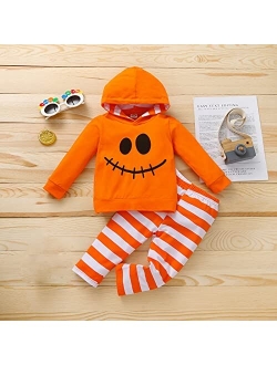 Cutoluca Toddler Baby Boy Halloween Clothes Set 2PCS Long Sleeve Printed Hooded Pullover Stripe Pants Fall Kids Outfit