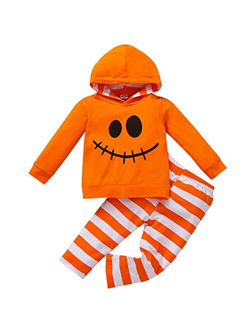 Cutoluca Toddler Baby Boy Halloween Clothes Set 2PCS Long Sleeve Printed Hooded Pullover Stripe Pants Fall Kids Outfit