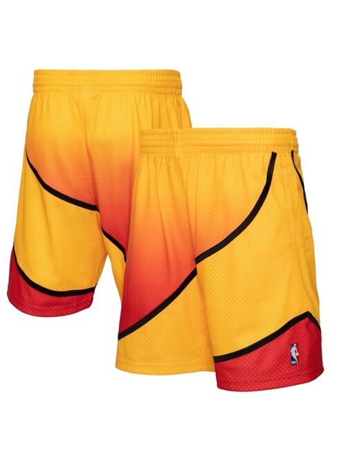 Men's Mitchell & Ness Gold and Red Atlanta Hawks 1986/87 Hardwood Classics Fadeaway Reload 3.0 Swingman Shorts