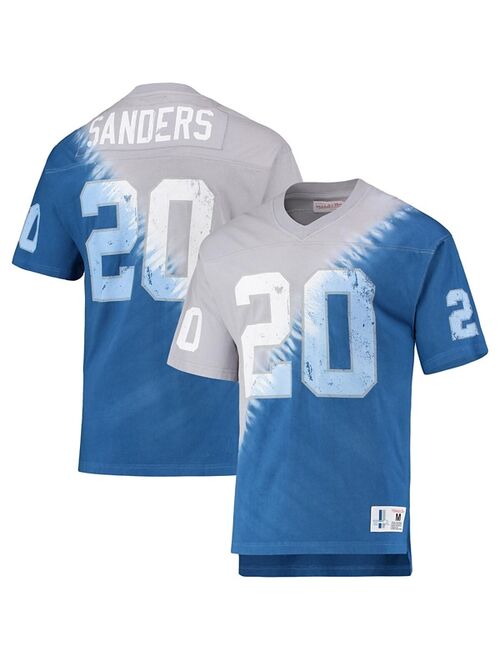 Men's Mitchell & Ness Barry Sanders Silver, Blue Detroit Lions Retired Player Name & Number Diagonal Tie-Dye V-Neck T-shirt