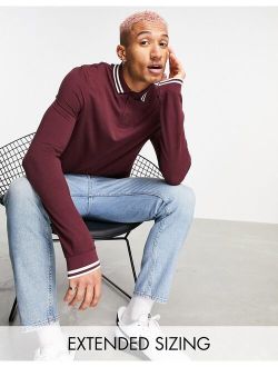long sleeve tipped pique polo shirt in burgundy - RED