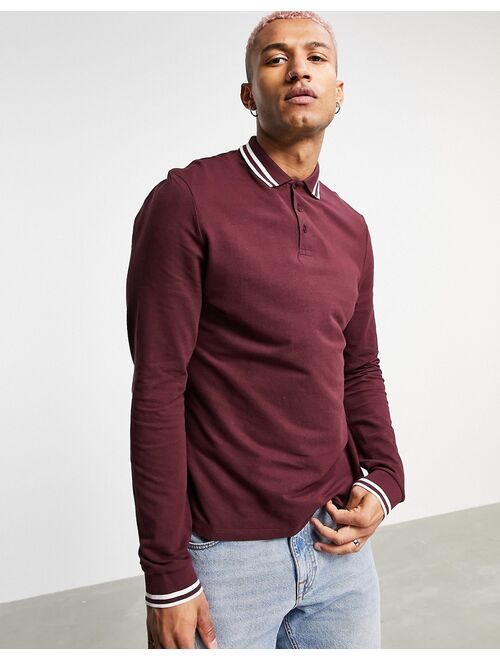 ASOS DESIGN long sleeve tipped pique polo shirt in burgundy - RED