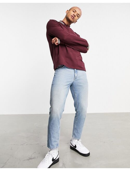 ASOS DESIGN long sleeve tipped pique polo shirt in burgundy - RED