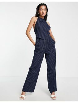 2 in 1 halter tailored jumpsuit in navy pinstripe