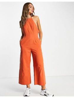 twill strappy halterneck jumpsuit with wide leg in rust