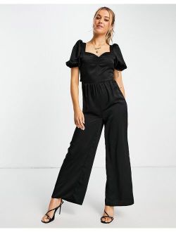 satin ruched bust jumpsuit in black