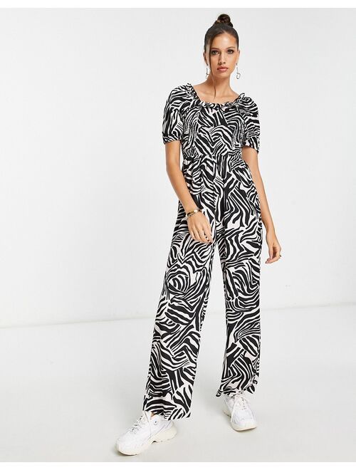 River Island shirred abstract zebra print jumpsuit in black