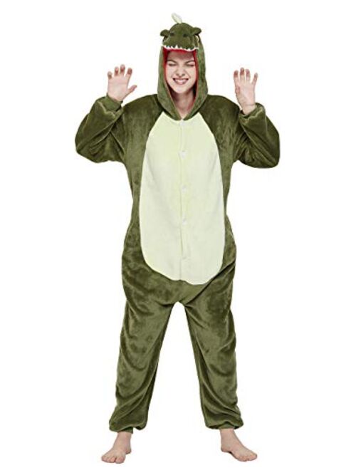 CALANTA Dinosaur Onesie Unisex Adult T-Rex Dragon Animal Costume Women Plush Pajamas One Piece Cosplay Halloween Christmas