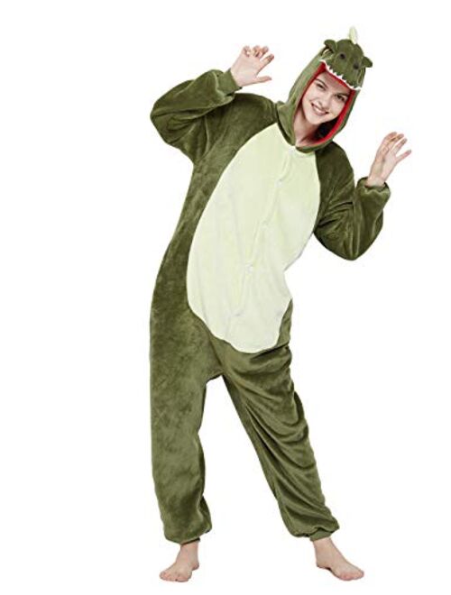 CALANTA Dinosaur Onesie Unisex Adult T-Rex Dragon Animal Costume Women Plush Pajamas One Piece Cosplay Halloween Christmas