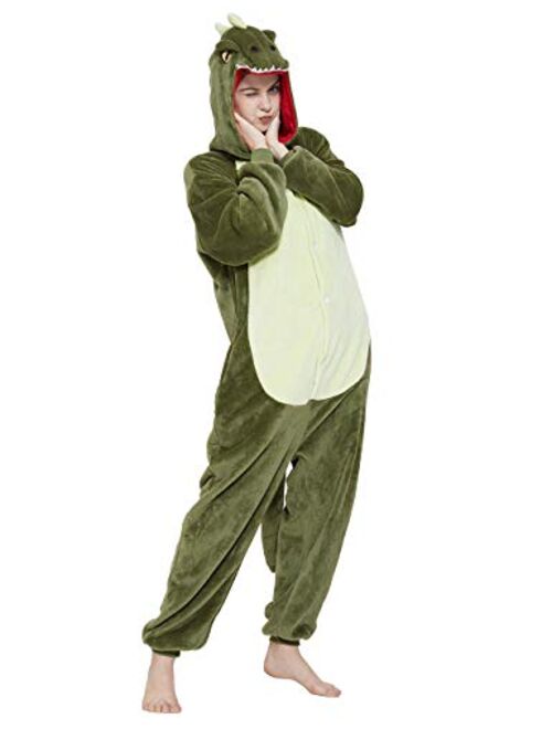 CALANTA Dinosaur Onesie Unisex Adult T-Rex Dragon Animal Costume Women Plush Pajamas One Piece Cosplay Halloween Christmas