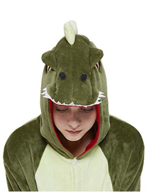CALANTA Dinosaur Onesie Unisex Adult T-Rex Dragon Animal Costume Women Plush Pajamas One Piece Cosplay Halloween Christmas