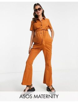 Maternity twill 70s kick flare jumpsuit in brown