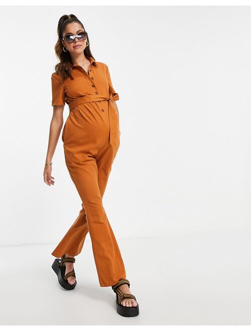 ASOS DESIGN Maternity twill 70s kick flare jumpsuit in brown