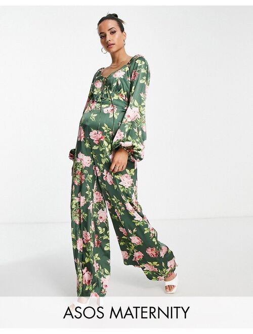 ASOS DESIGN Maternity puff sleeve cut out back jumpsuit in floral print