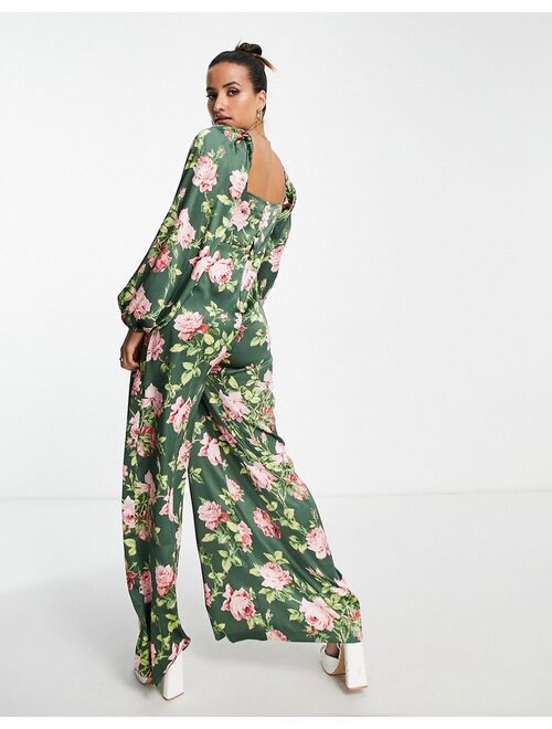 ASOS DESIGN Maternity puff sleeve cut out back jumpsuit in floral print