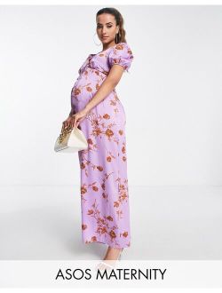 Maternity satin tea jumpsuit with puff sleeve in floral print