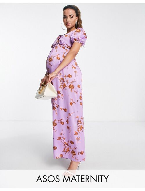 ASOS DESIGN Maternity satin tea jumpsuit with puff sleeve in floral print