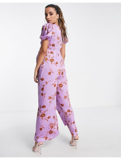 ASOS DESIGN Maternity satin tea jumpsuit with puff sleeve in floral print