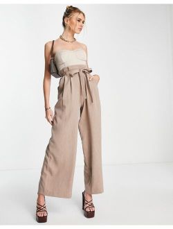 2 in 1 satin bust wide leg jumpsuit in stone