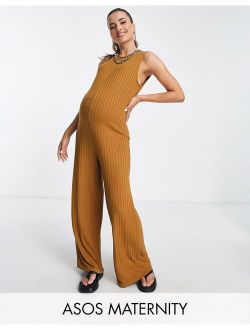 Maternity rib sleeveless smock jumpsuit in tobacco