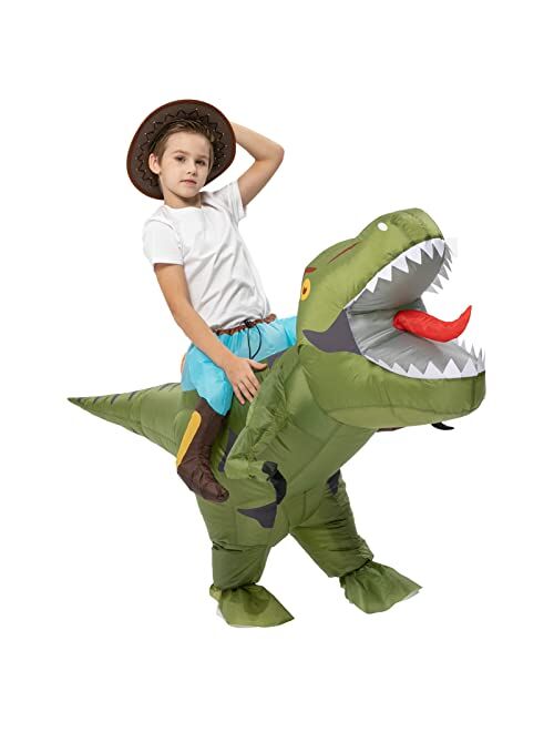 Funslane Halloween Inflatable Dinosaur Costume for Kids, Ride on Dinosaur Blow Up Costumes Halloween Dress Up Party Cosplay Costumes for Boys Girls, Green