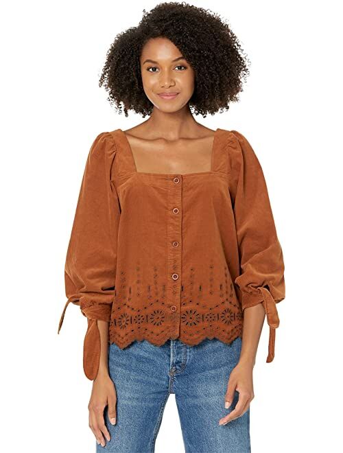 Madewell Embroidered Eyelet Corduroy Tie-Sleeve Top