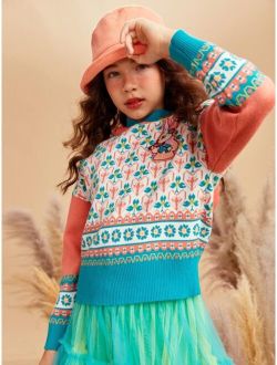 Girls Floral & Geo Pattern Patched Detail Drop Shoulder Hooded Sweater